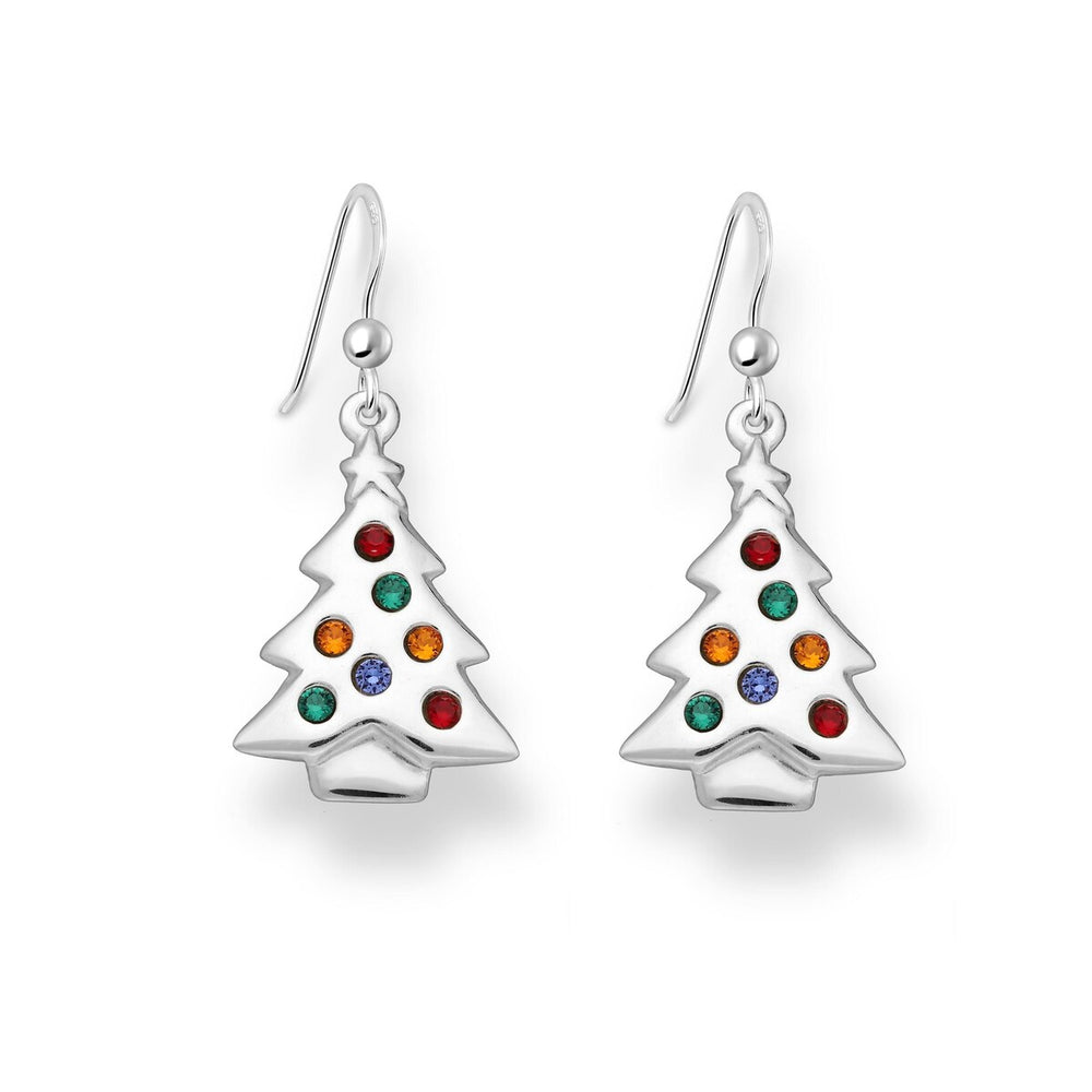 Sterling Silver Multi Colored Cubic Zirconia Christmas Tree Drop Earrings