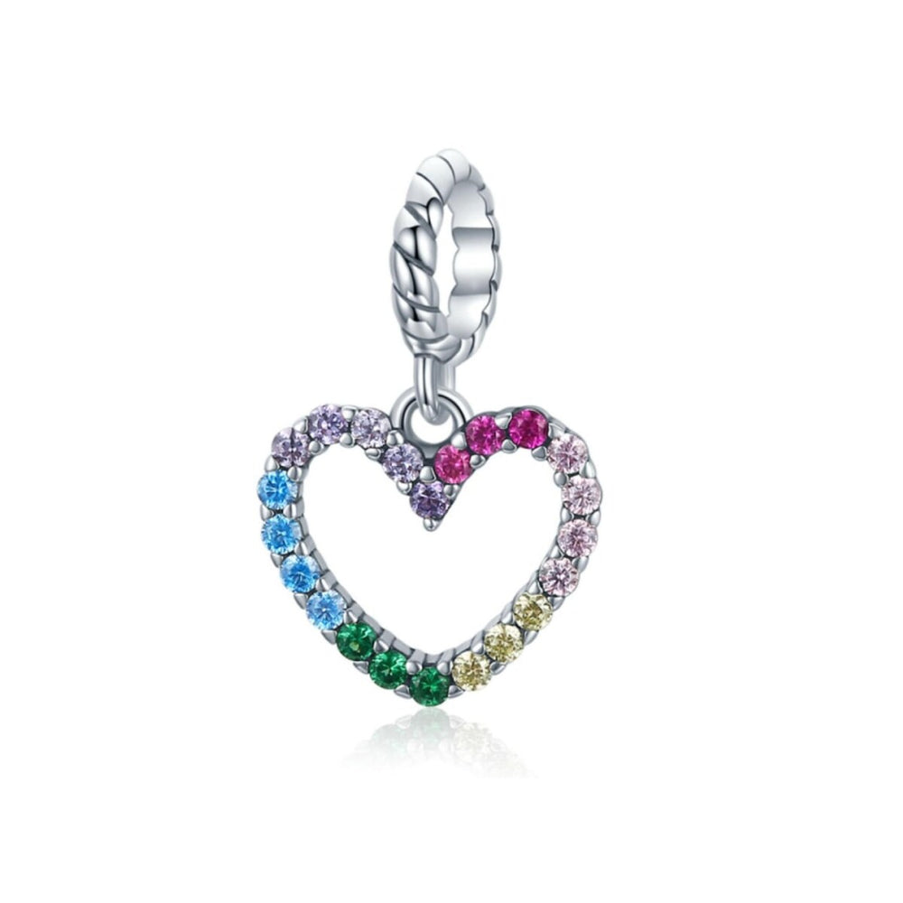 Sterling Silver Multi Colored Cubic Zirconia Open Heart Dangle Charm Bead