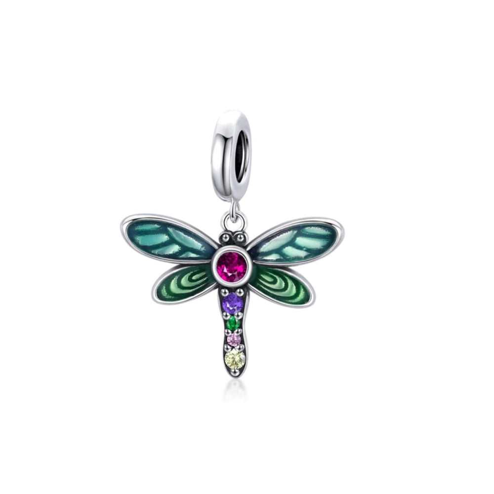 Sterling Silver Multi Colored Dragonfly Cubic Zirconia Dangle Charm Bead