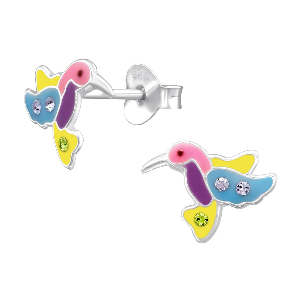 Sterling Silver Multi-Colored Humming Bird Stud Earrings with Cubic Zirconia