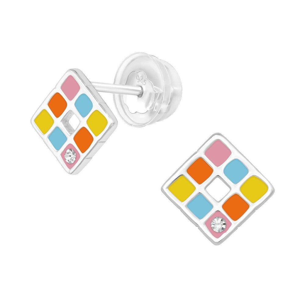 Sterling Silver Multi-Colored Square Stud Earrings with Cubic Zirconia