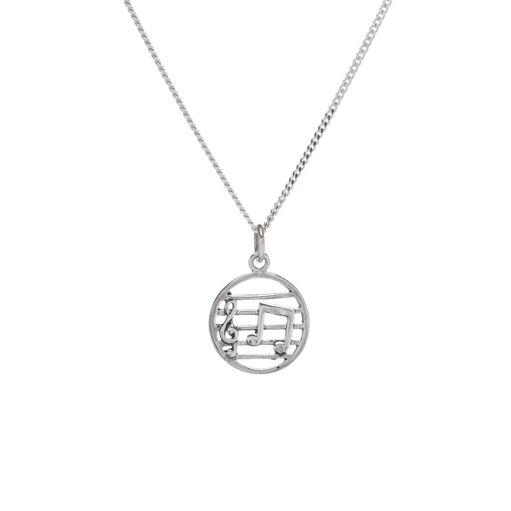 Sterling Silver Musical Note Round Pendant Necklace - White