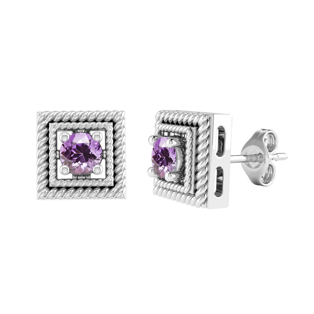 Sterling Silver Natural Amethyst Square Shape Stud Earrings