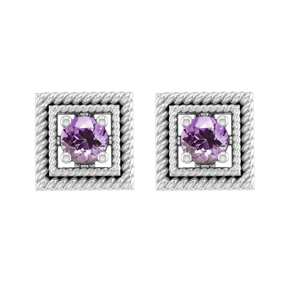 Sterling Silver Natural Amethyst Square Shape Stud Earrings