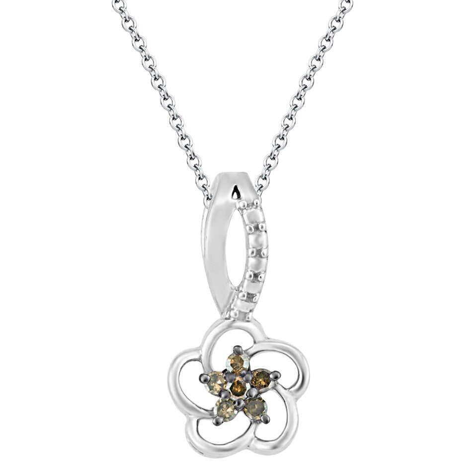 Sterling Silver Natural Champagne Diamond Flower Pendant