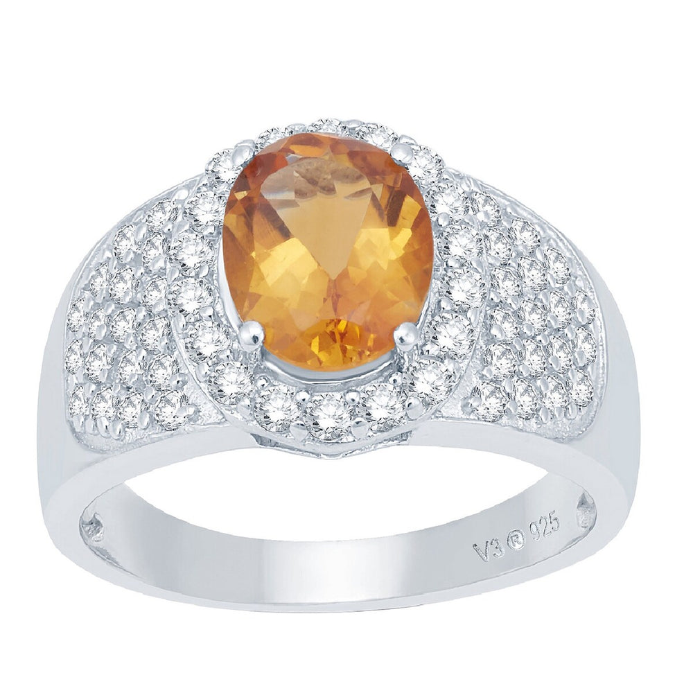 Sterling Silver Natural Citrine and White Topaz Halo Ring