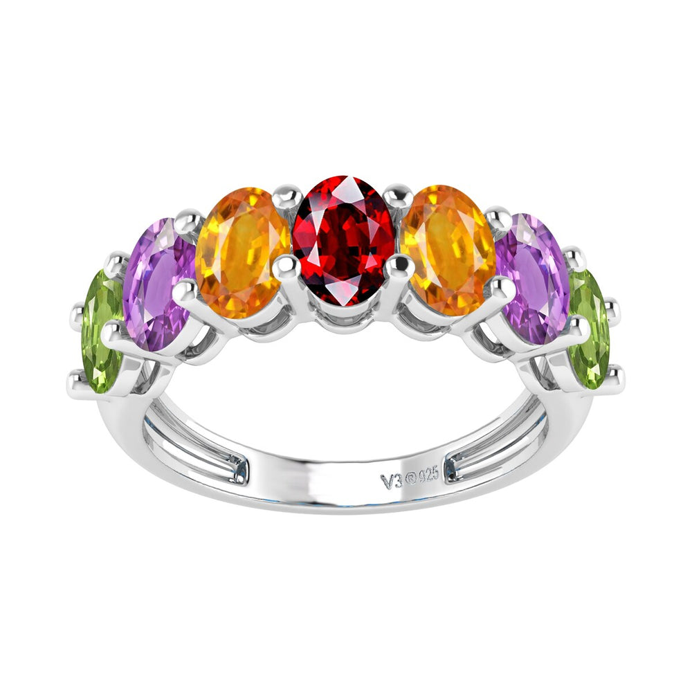 Sterling Silver Natural Multi Gemstone Seven Stone Band Ring