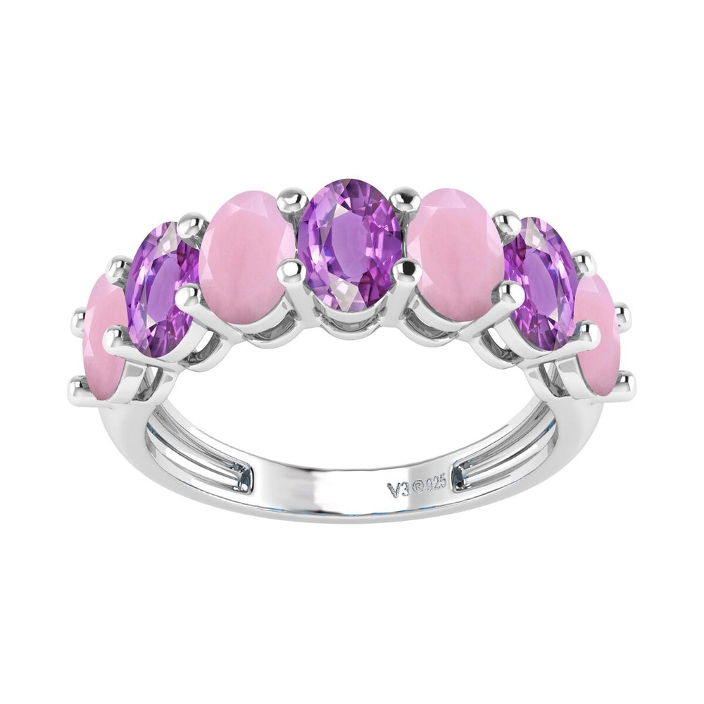 Sterling Silver Natural Pink Opal and Amethyst Seven Stone Band Ring