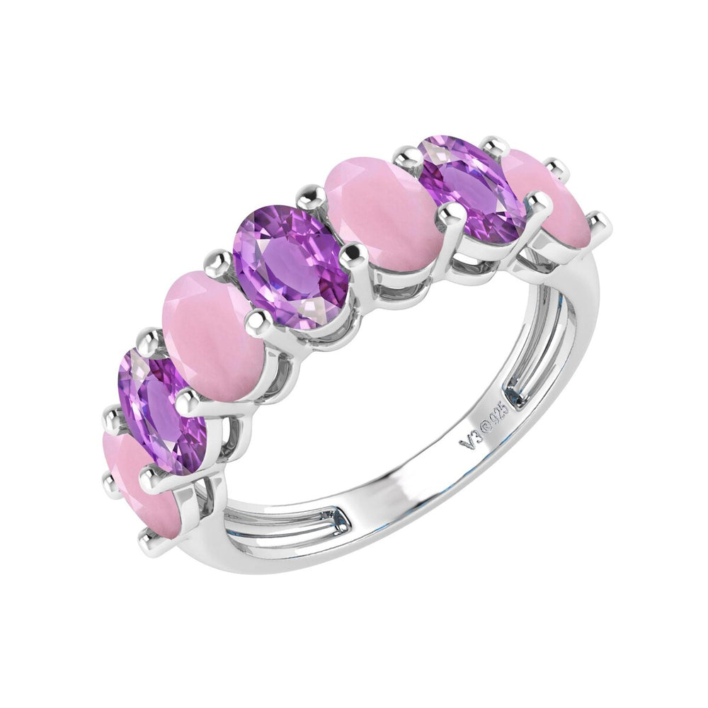 Sterling Silver Natural Pink Opal and Amethyst Seven Stone Band Ring