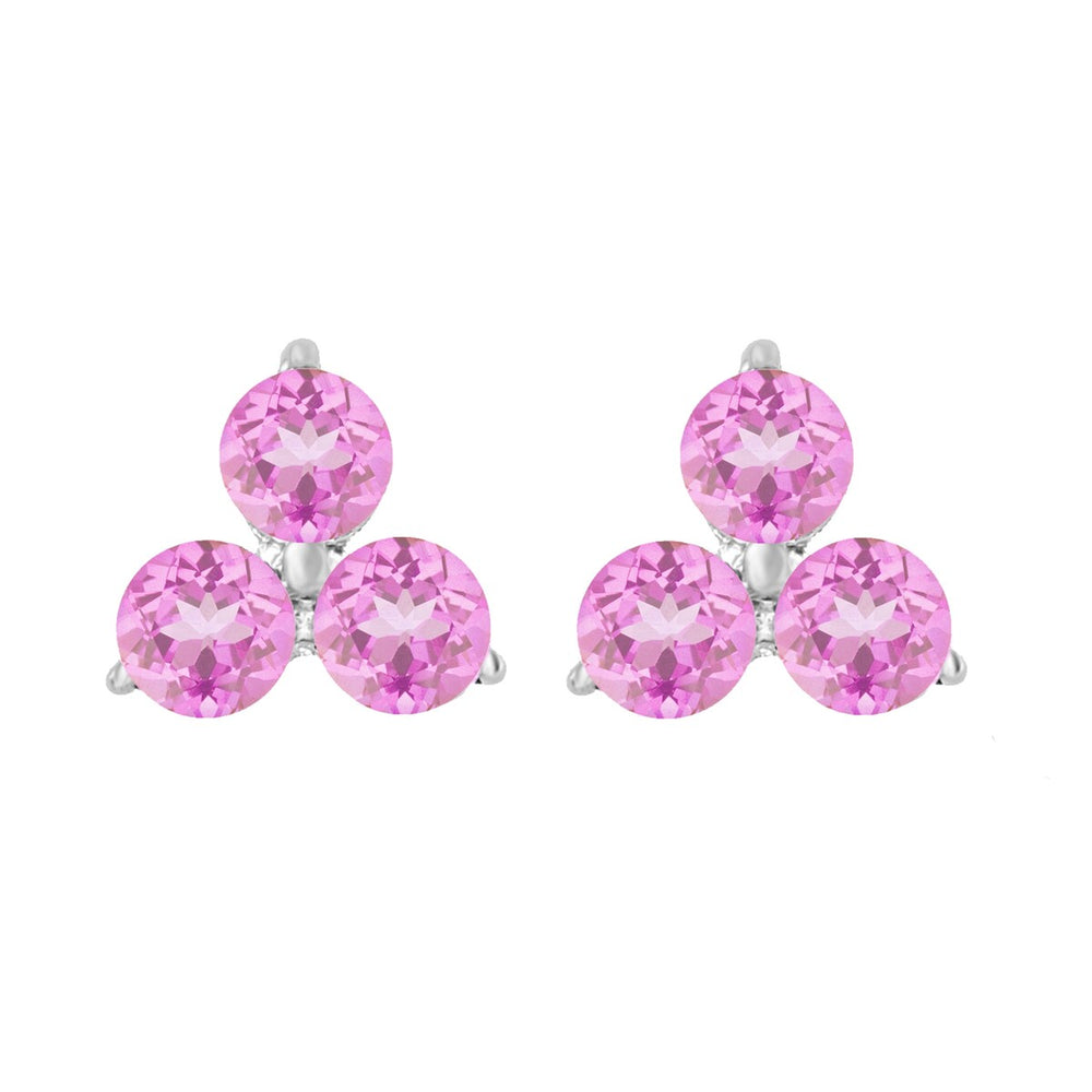 Sterling Silver Natural Pink Sapphire 3- Stone Stud Earrings