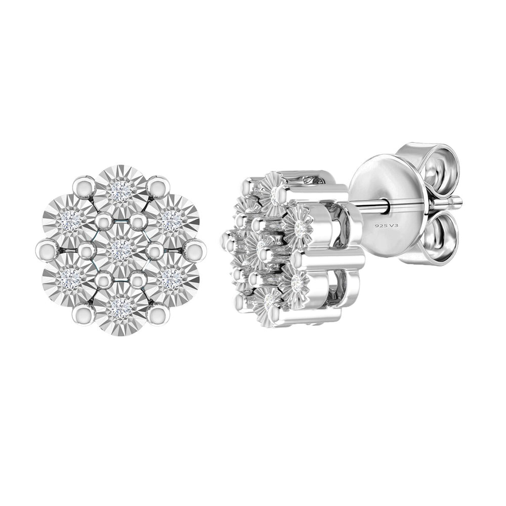 Sterling Silver Natural White Diamond Flower Earrings