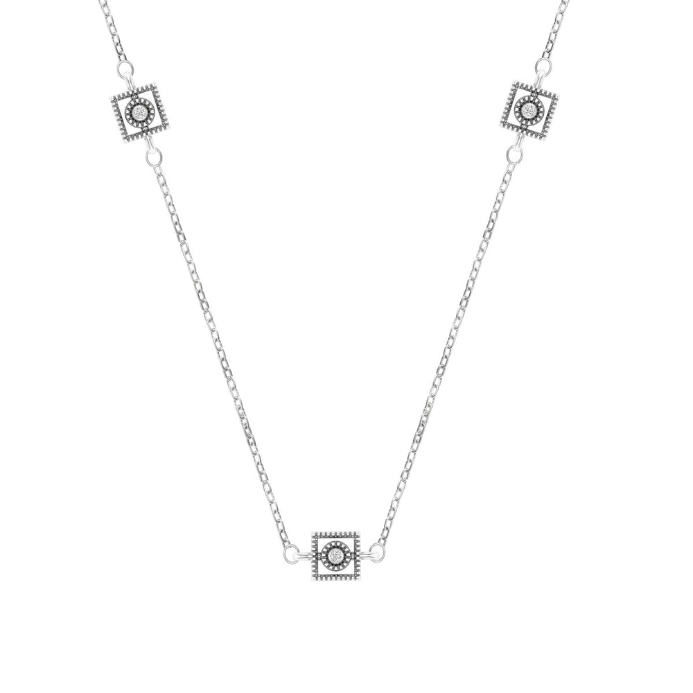 Sterling Silver Natural White Diamond Square Station Necklace