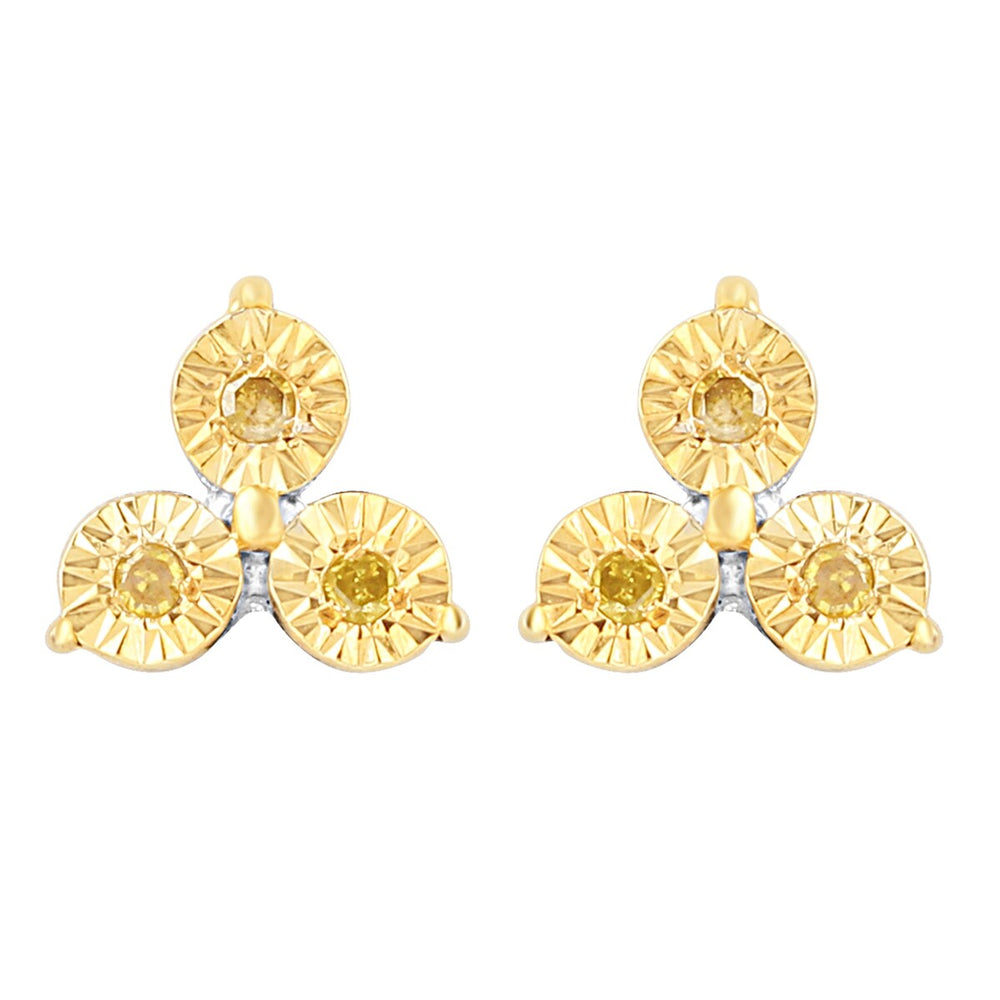 Sterling Silver Natural Yellow Diamond 3- Stone Stud Earrings