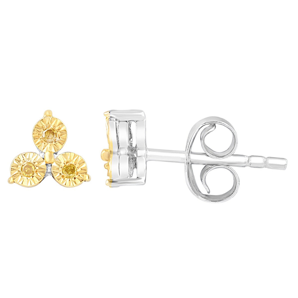 Sterling Silver Natural Yellow Diamond 3- Stone Stud Earrings