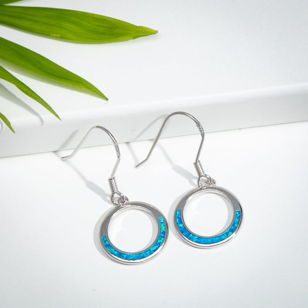 Sterling Silver Open Circle Drop Earrings with Lab-Created Opal