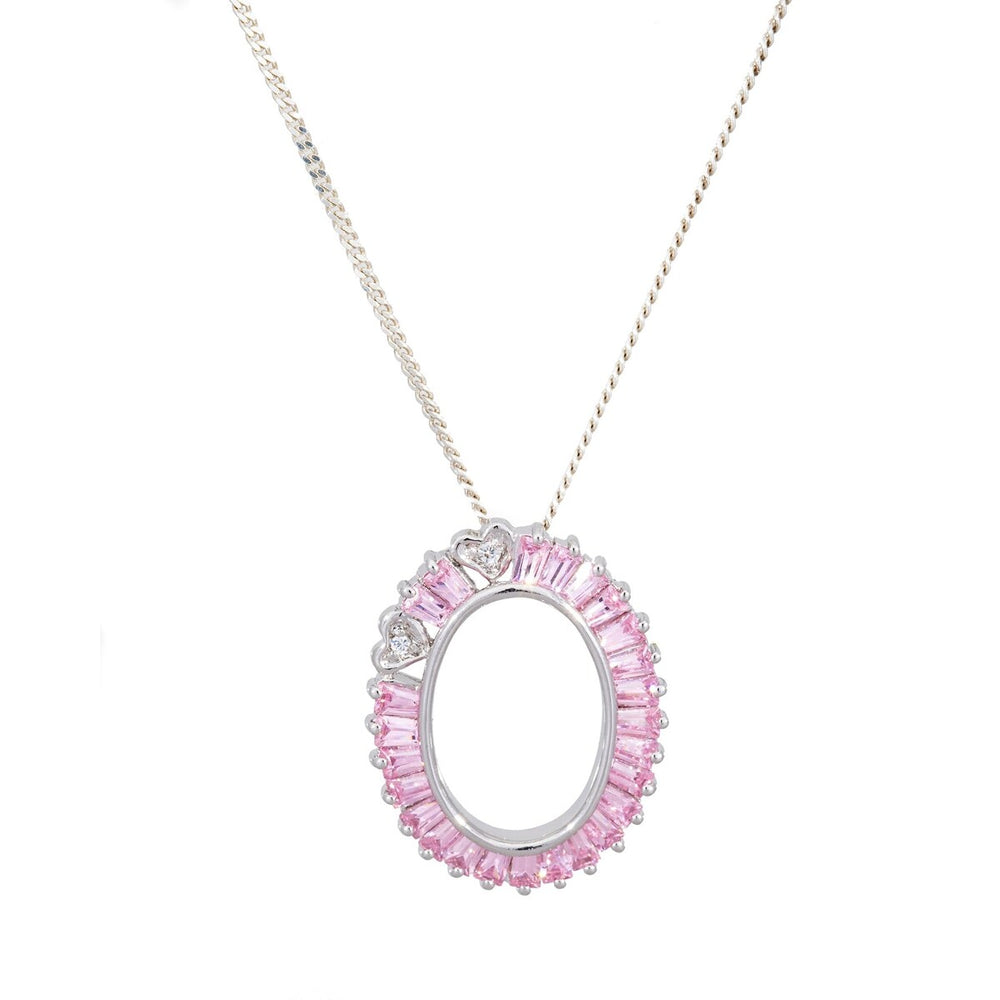 Sterling Silver Open Oval Pendant Necklace with Pink Cubic Zirconia - White