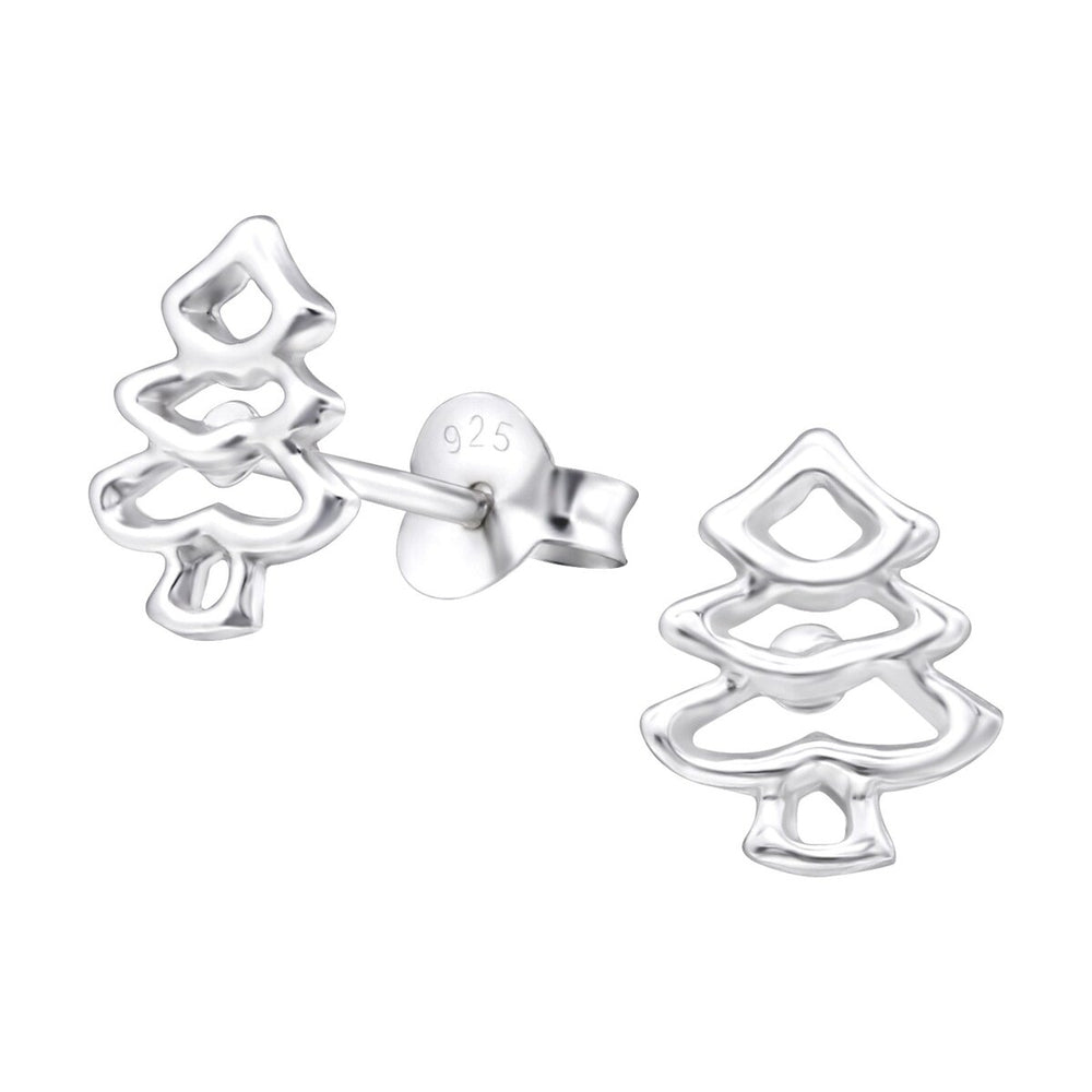 Sterling Silver Openwork Christmas Tree Dainty Stud Earrings