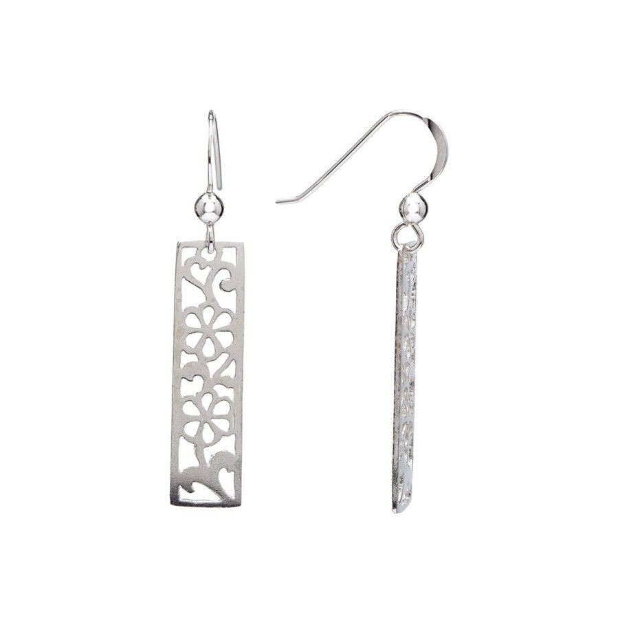 Sterling Silver Openwork Floral Rectangular Drop Earrings