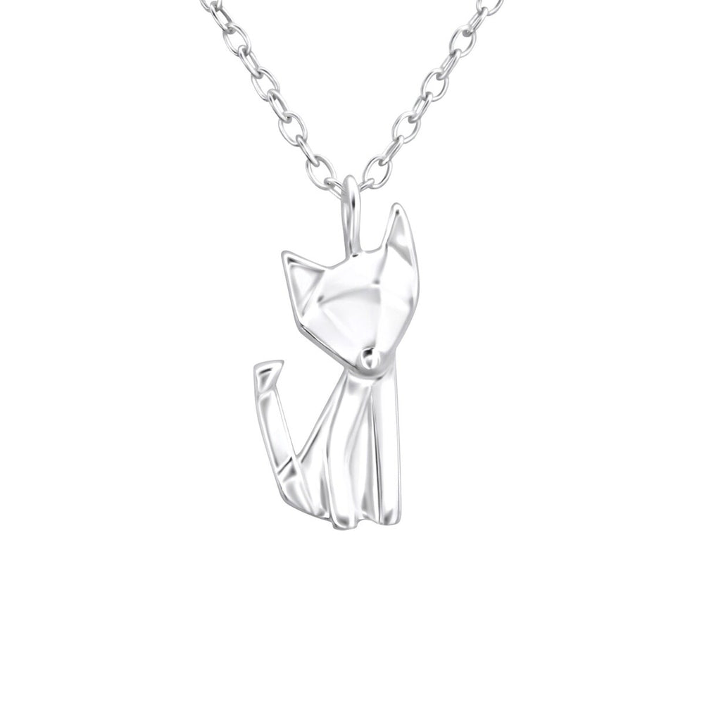 Sterling Silver Origami Cat Pendant Necklace - White