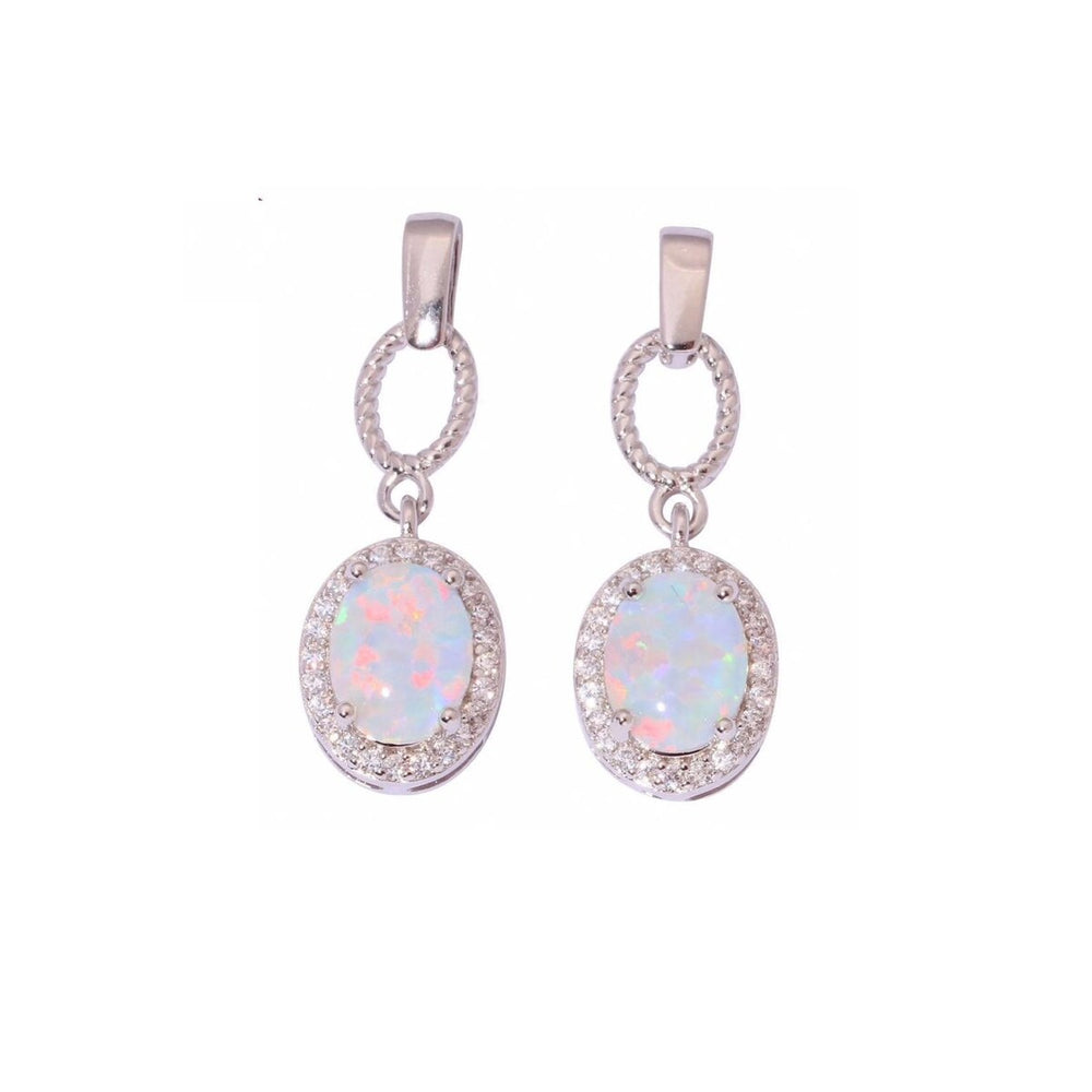 Sterling Silver Oval Drop Earrings with White Lab-Created Opal