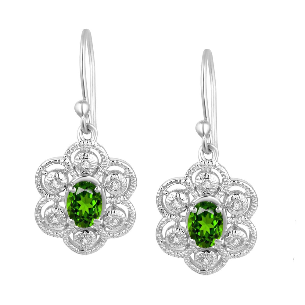 Sterling Silver Oval Shape 1.50Ct Natural Chrome Diopside and White Topaz Dangle Earrings