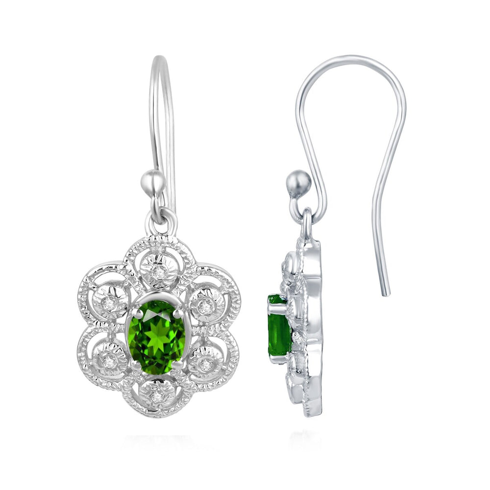 Sterling Silver Oval Shape 1.50Ct Natural Chrome Diopside and White Topaz Dangle Earrings