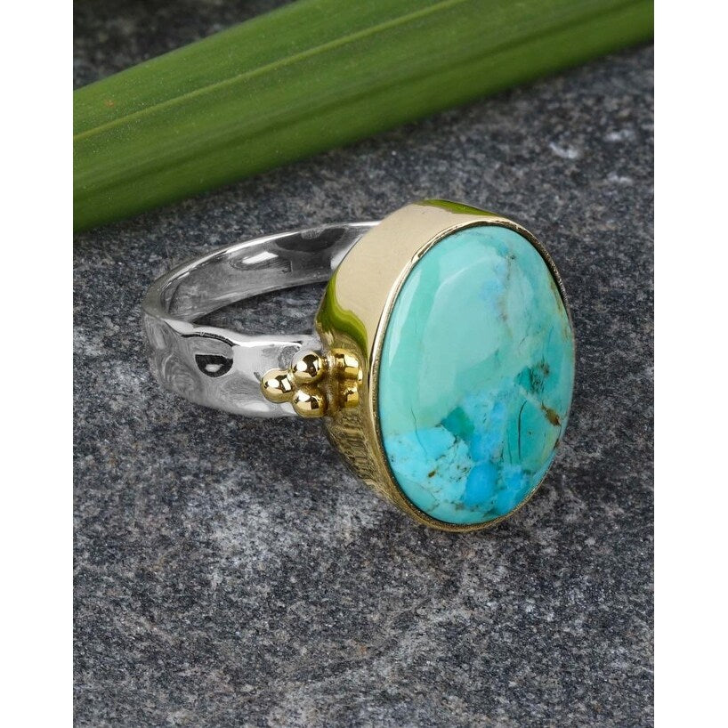 Sterling Silver Oval Shaped Blue Mohave Turquoise with Brass Accents