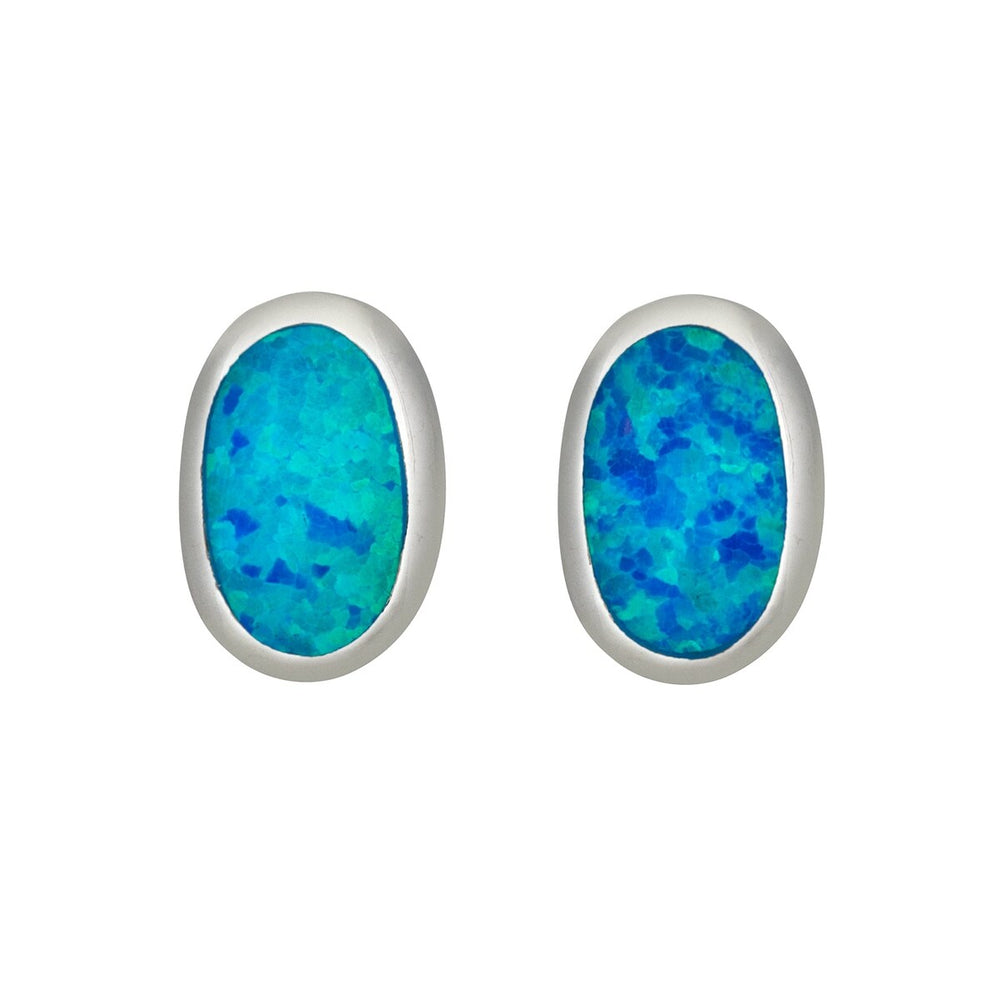 Sterling Silver Oval Stud Earrings with Lab-Created Blue Opal