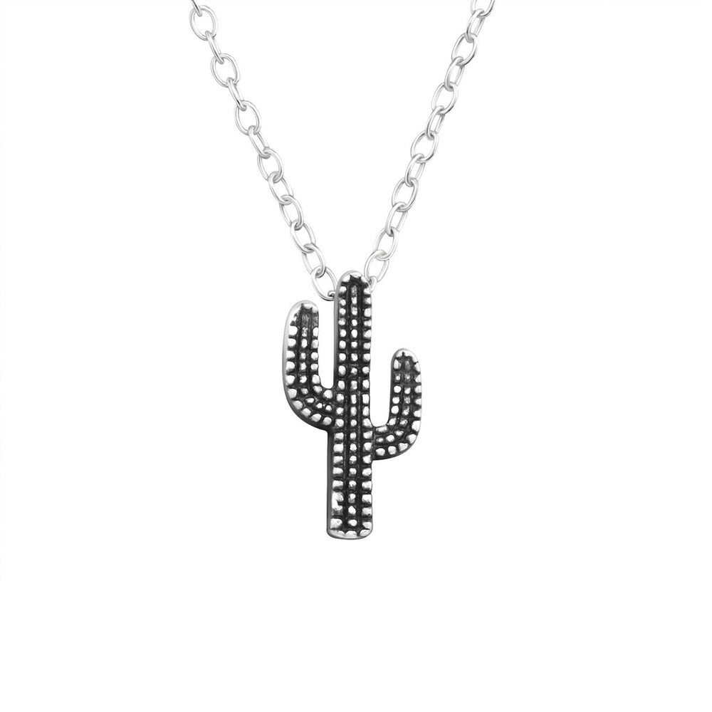 Sterling Silver Oxidized Beaded Cactus Pendant Necklace - White