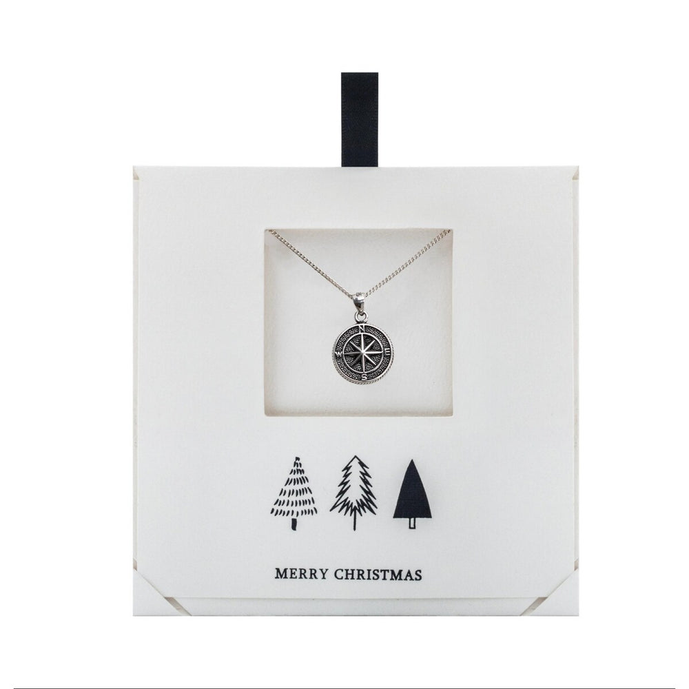 Sterling Silver Oxidized Compass Pendant Necklace On Holiday Card - White