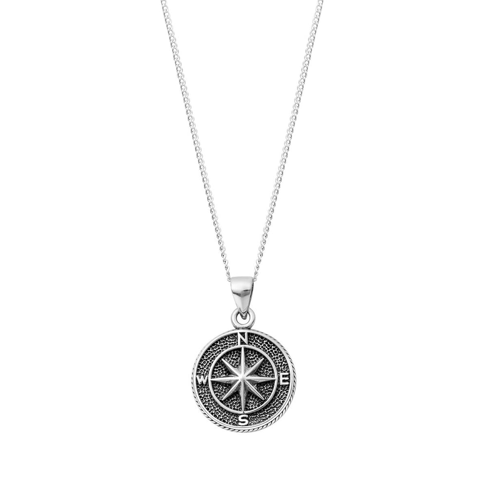 Sterling Silver Oxidized Compass Round Pendant Necklace - White