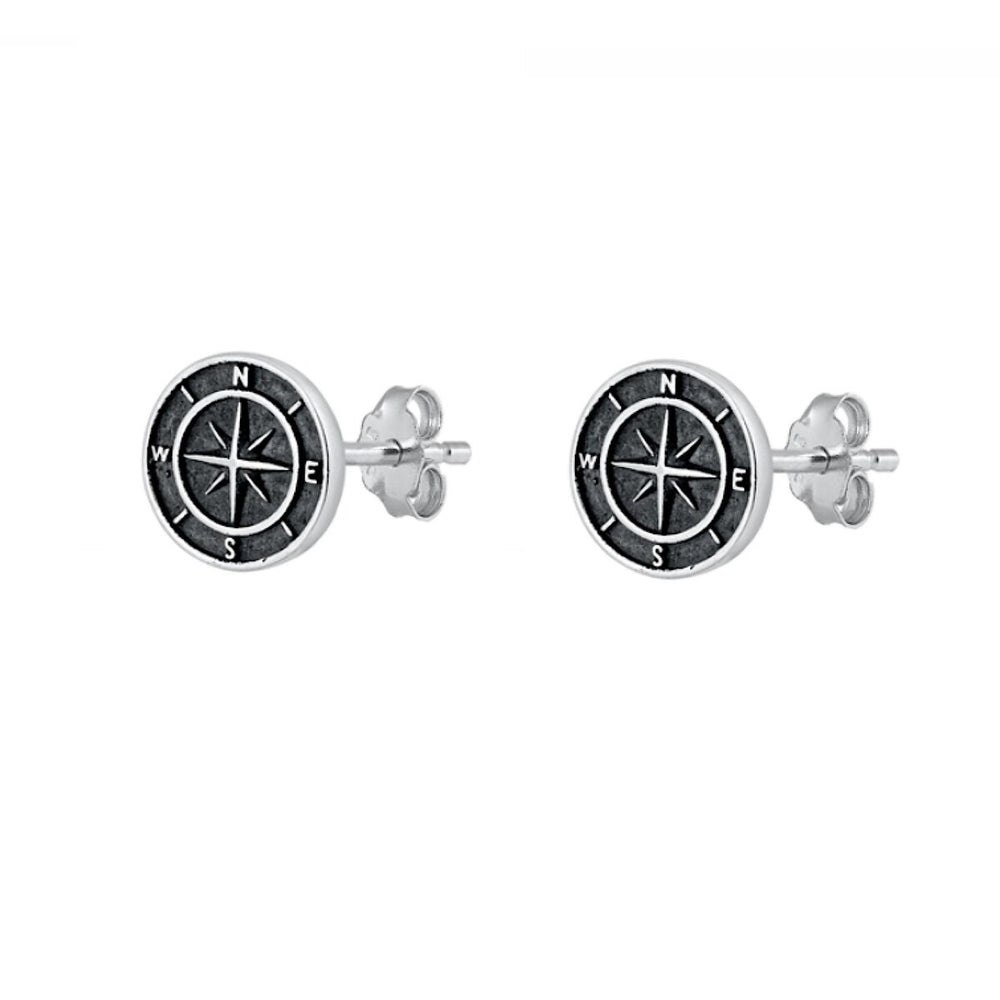 Sterling Silver Oxidized Compass Stud Earrings