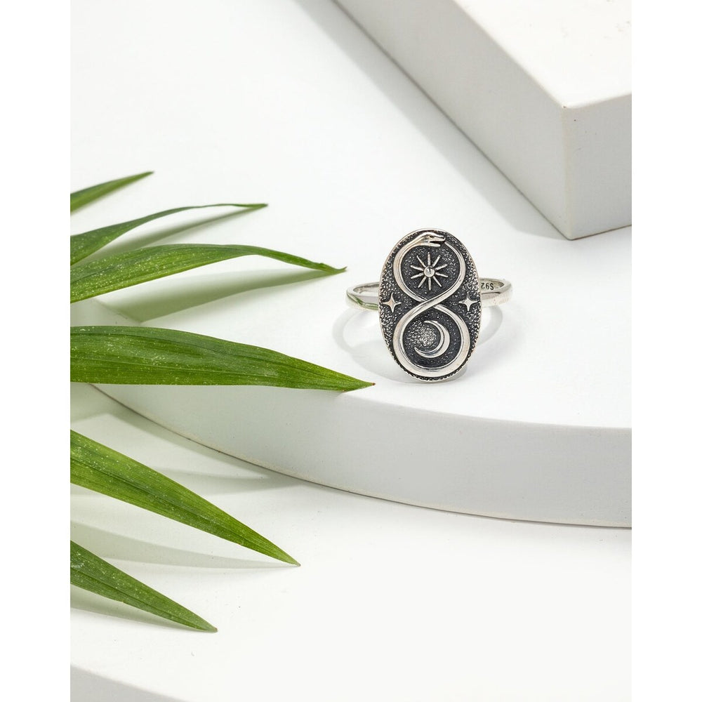 Sterling Silver Oxidized Snake Moon & Sun Statement Ring