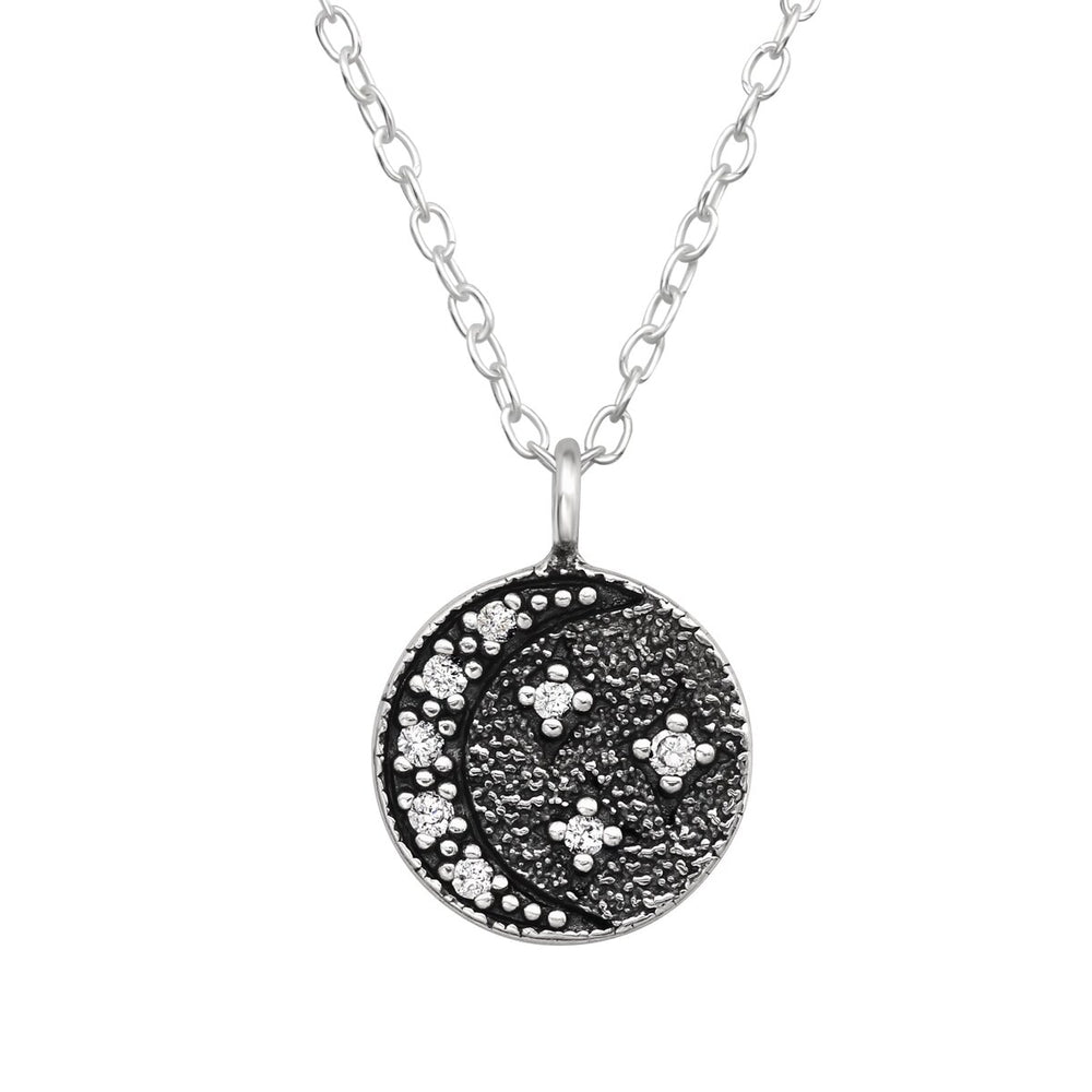 Sterling Silver Oxidized Starry Night Round Pendant Necklace - White