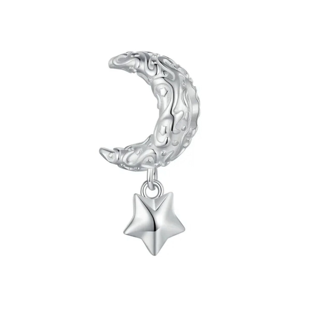 Sterling Silver Patterned Moon & Dangling Star Charm