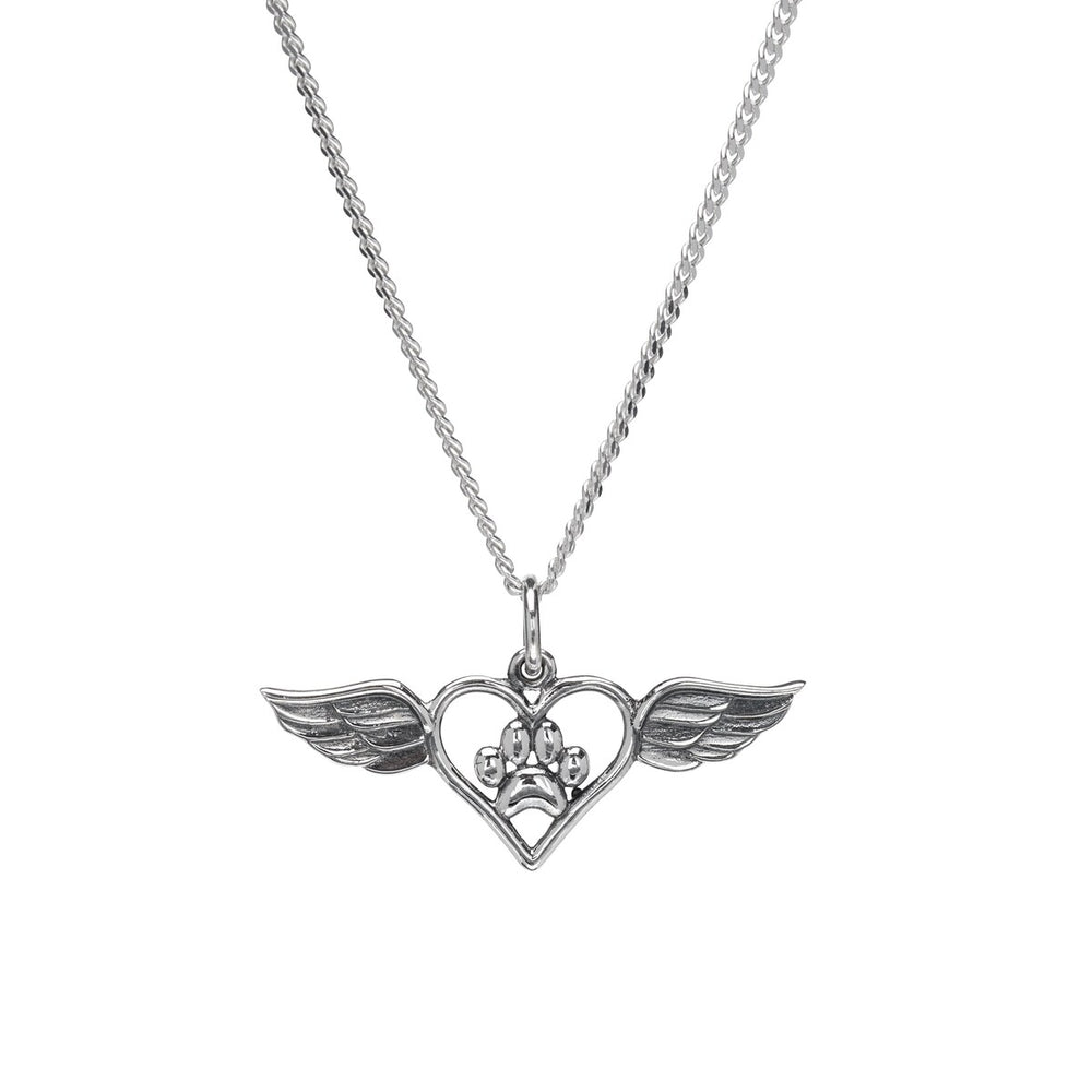 Sterling Silver Paw Heart with Angel Wings Pendant Necklace - White