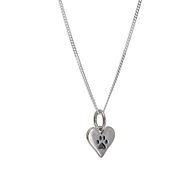 Sterling Silver Paw Print Heart Pendant Necklace - White