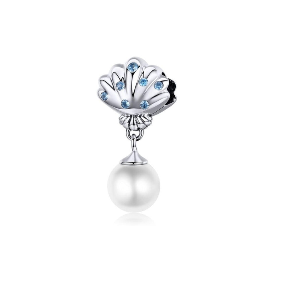 Sterling Silver Pearl Cubic Zirconia Shell Dangling Charm