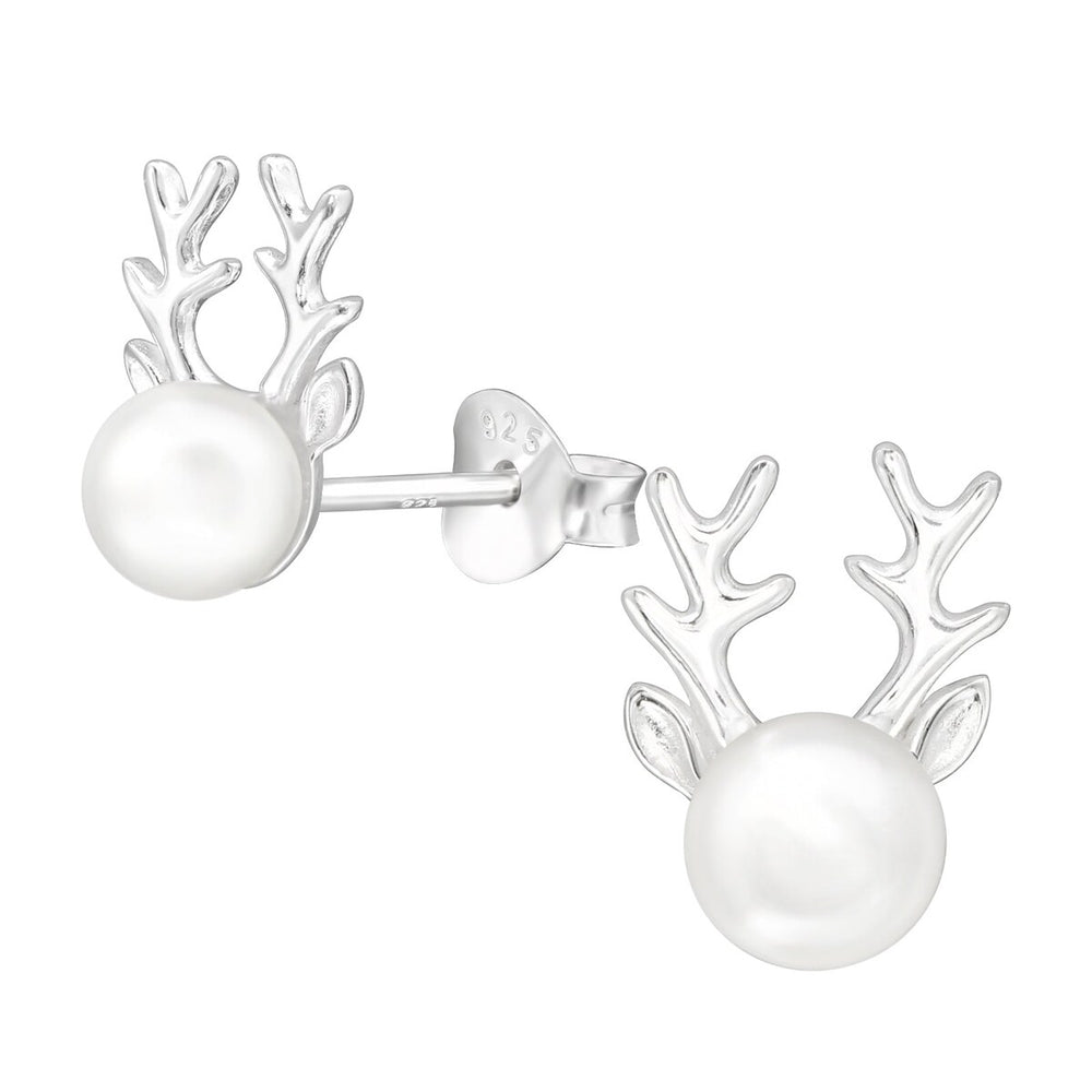 Sterling Silver Pearl Reindeer Dainty Stud Earrings