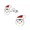 Sterling Silver Penguin in Santa Hat Dainty Stud Earrings