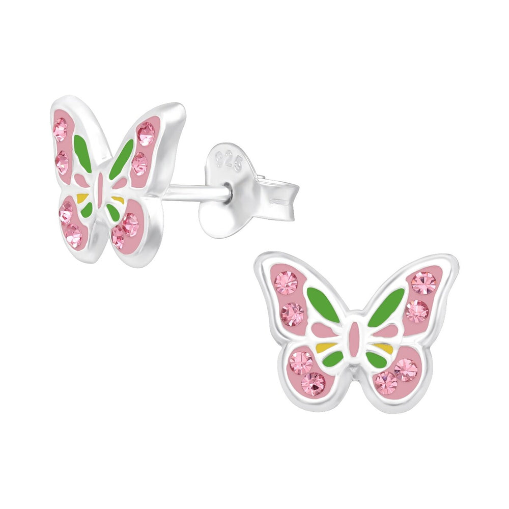 Sterling Silver Pink Butterfly Stud Earrings with Cubic Zirconia