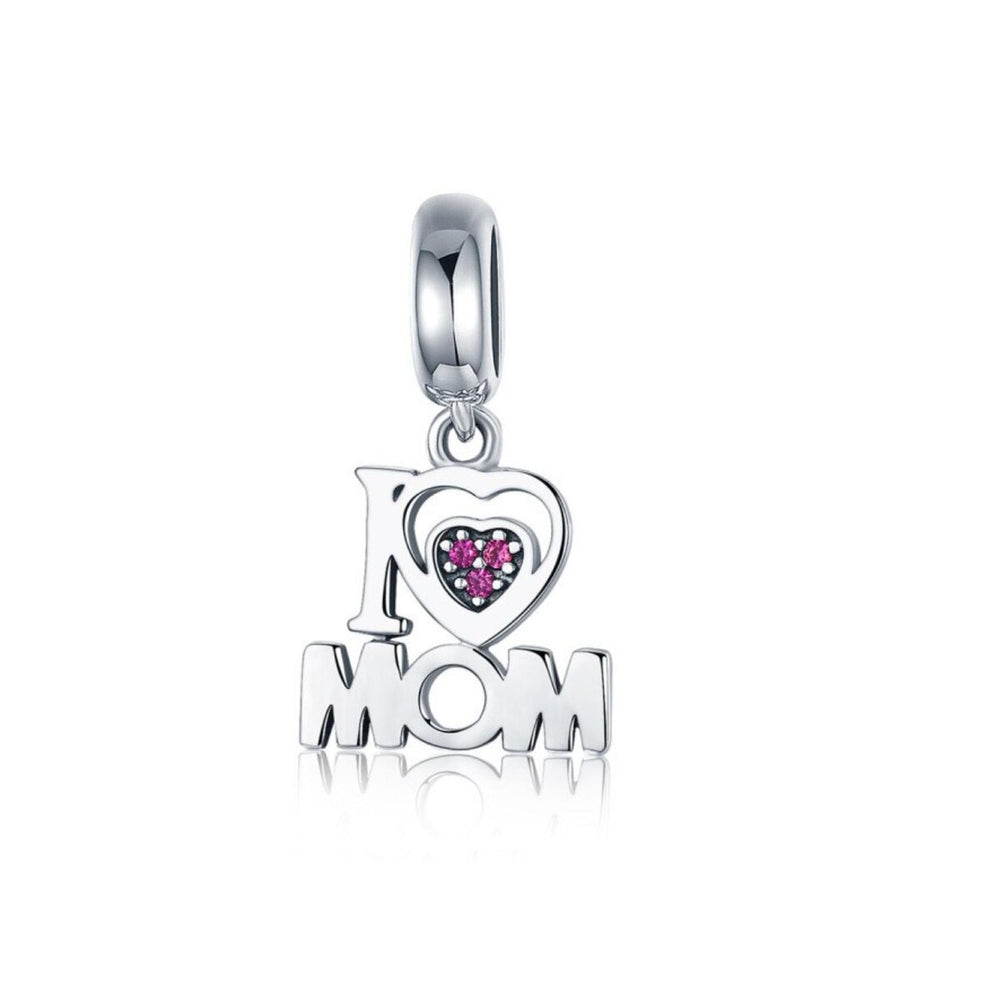 Sterling Silver Pink Cubic Zirconia I Love Mom Dangle Charm