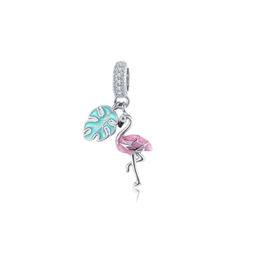 Sterling Silver Pink Flamingo & Green Leaf Bracelet Charm