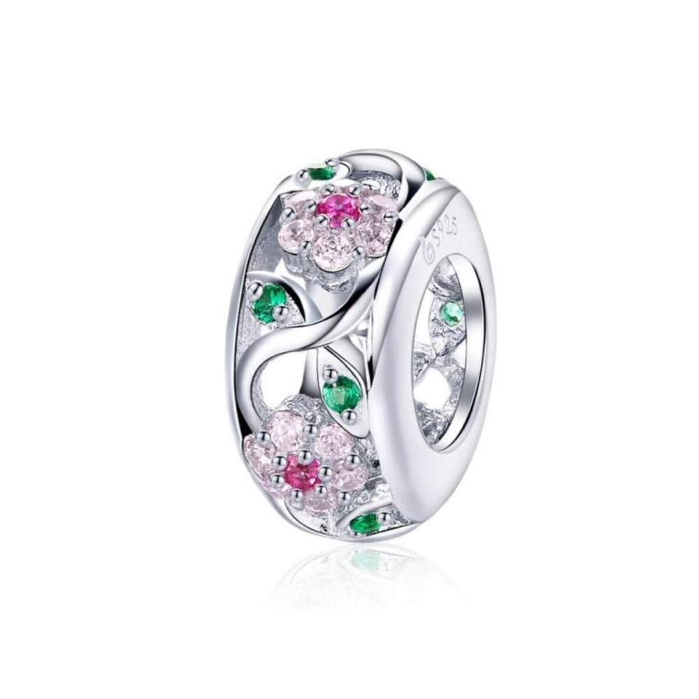 Sterling Silver Pink Green Cubic Zirconia Floral Charm Bead