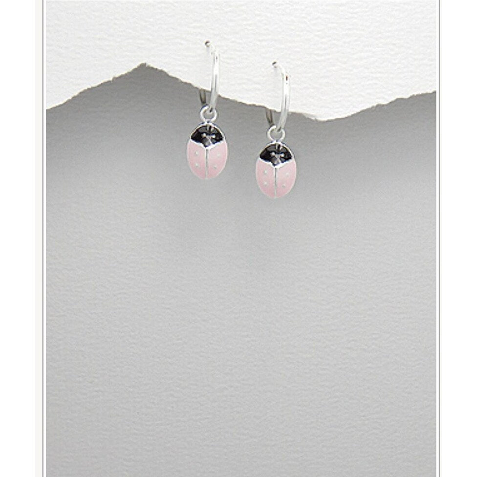 Sterling Silver Pink Ladybug Huggie Hoop Earrings