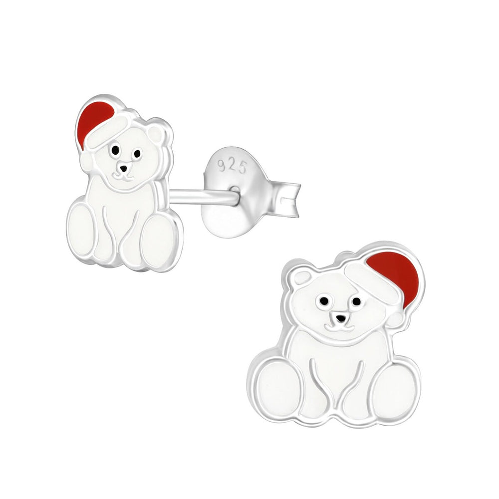 Sterling Silver Polar Bear in Santa Hat Dainty Stud Earrings