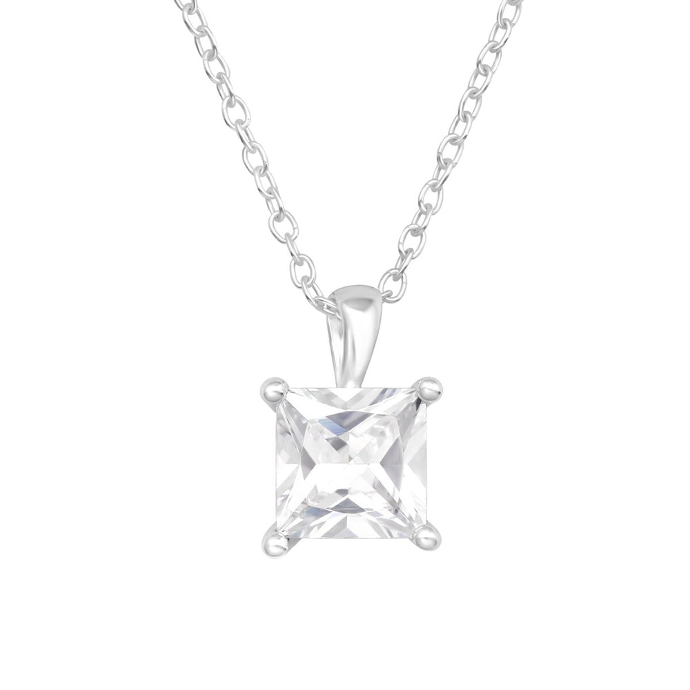 Sterling Silver Princess Cut CZ Solitaire Necklace - White