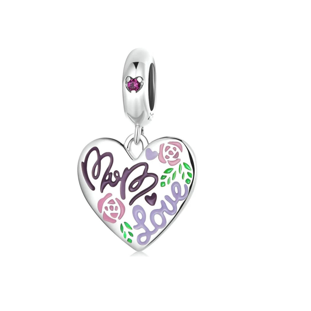 Sterling Silver Purple Pink Floral Love Mom Heart Dangle Charm