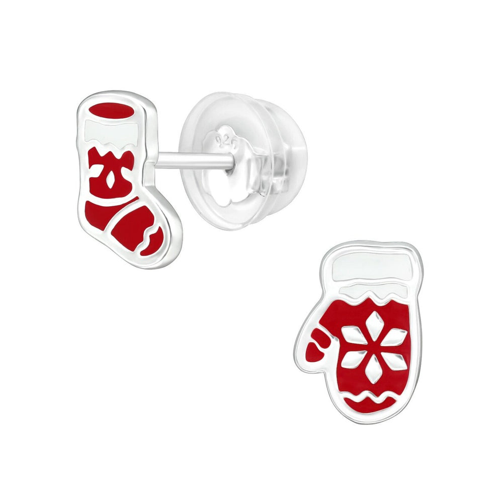 Sterling Silver Red Asymmetrical Mitten & Stocking Dainty Stud Earrings ( 101922-33)