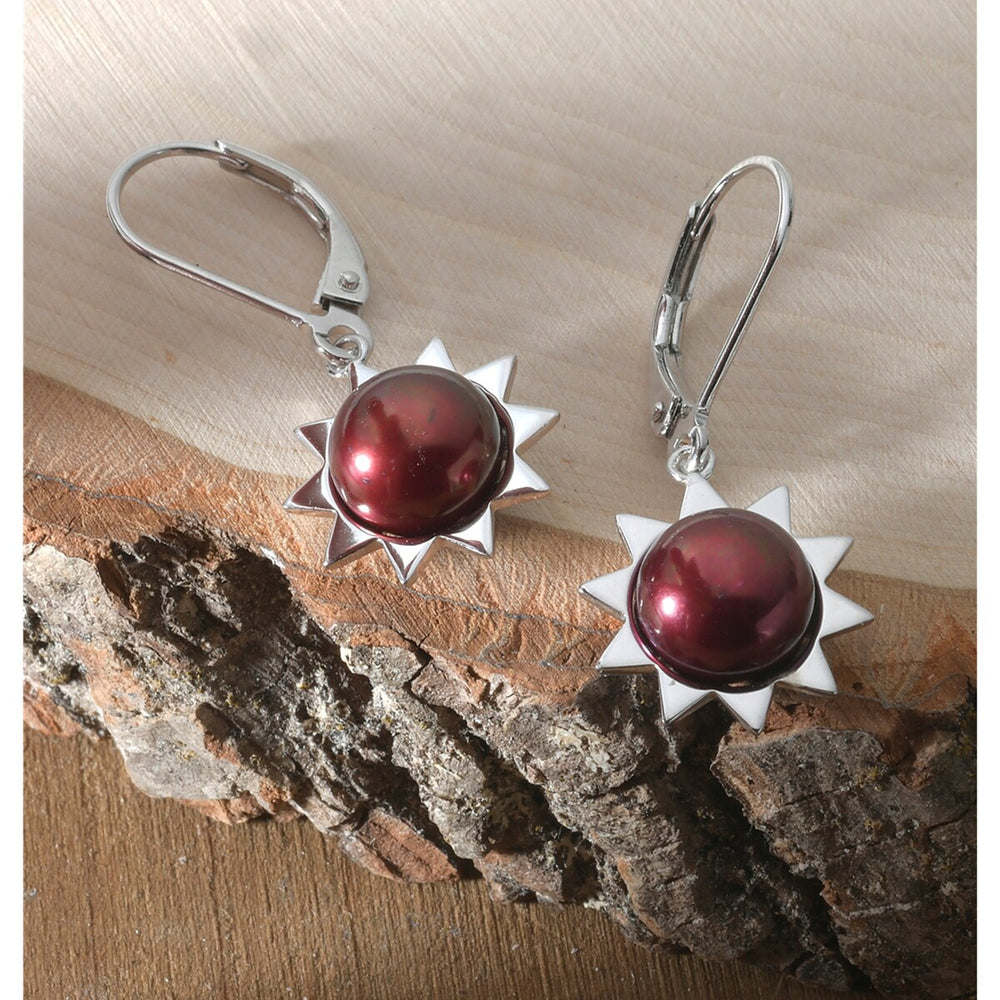 Sterling Silver Red Color Freshwater Pearl in Sun Shape Lever Back Earring